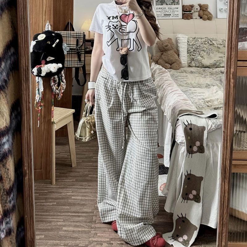 Summer Retro American Relaxed Fit Drawstring Low-Rise Wide-Leg Plaid Casual Pants - Textured Grid Trendy Trousers