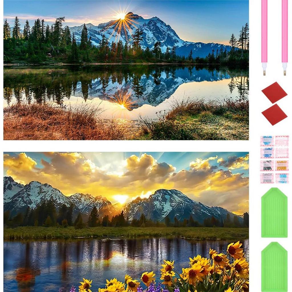 2pcs Landscape 5D DIY Full Drill Round Diamond Painting Kit for Home Wall Decor