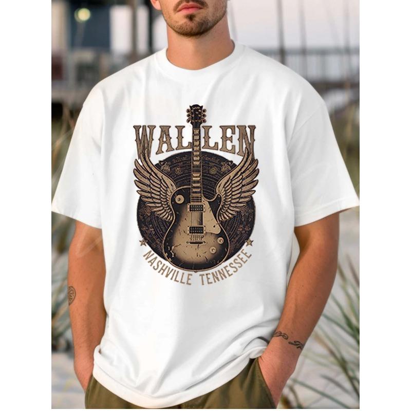 

European Size Men s White Pure - Polyester T - shirt: Wallen Nashville Guitar and Wings Motif 4XL білий