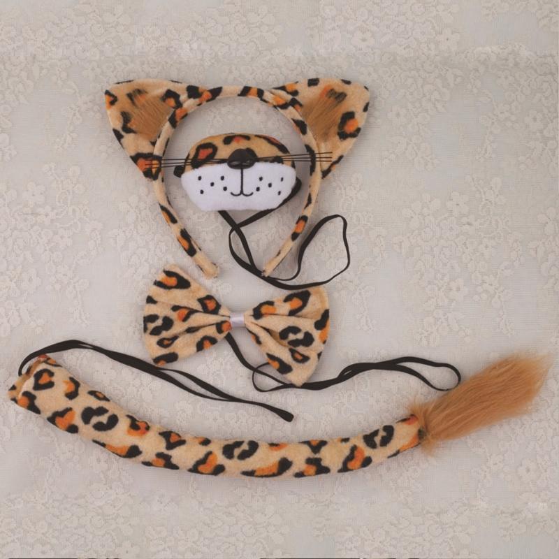 Leoparden Kostüm Set Leoparden Ohren Schwanz Schleifen Nase Handschuhe Tier Kostüm Set Zubehör Kinder Halloween Cosplay Requisiten