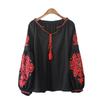 Camicetta floreale con ricamo etnico Camicie da donna a maniche lunghe Colletto con lacci in nappa vintage Blusa Mujer