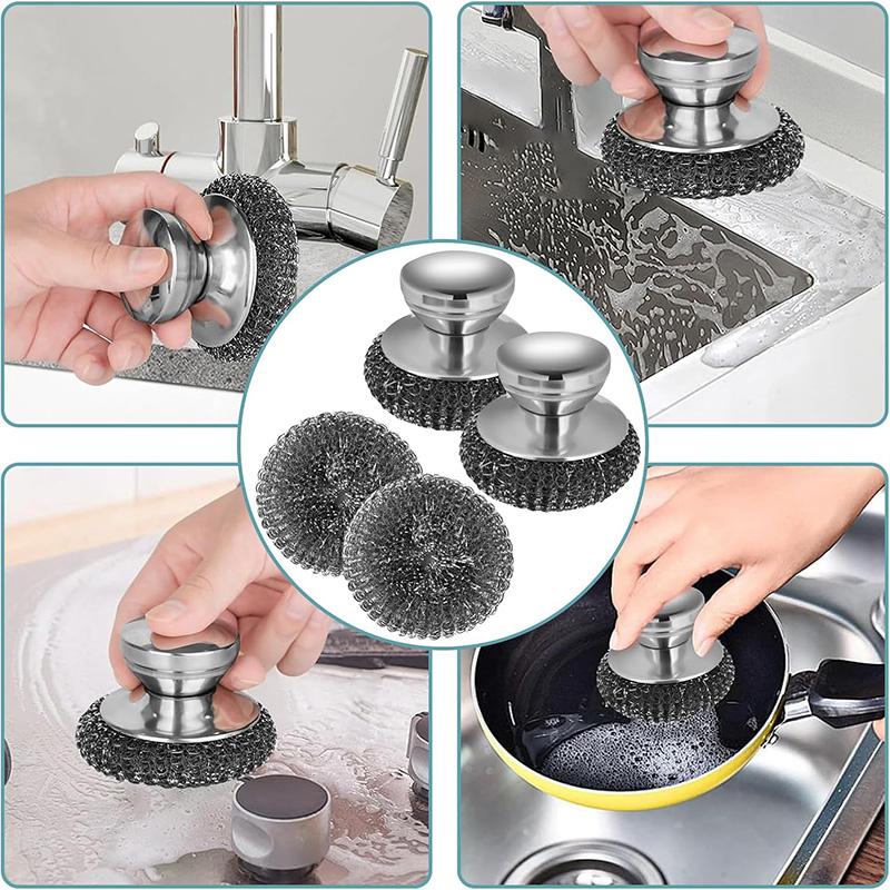 2Pcs Stainless Steel Scrubber with 2 Replacement Wire Pads Steel Wool Scrubber Pot Cleaning Brush Dishes Scrubber Cleaning Tool