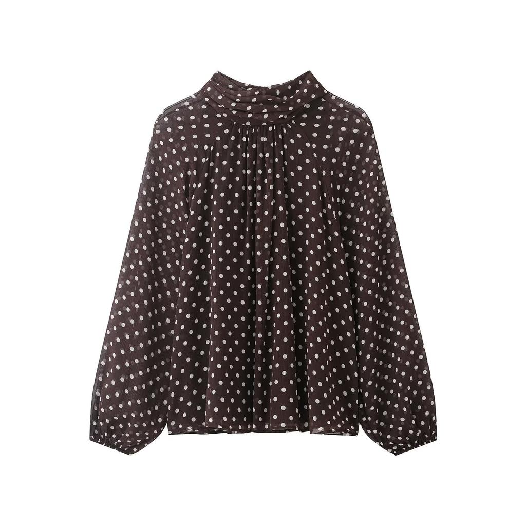 European and American women's clothing 1116 spring new scarf collar polka dot printing casual versatile chiffon shirt women
