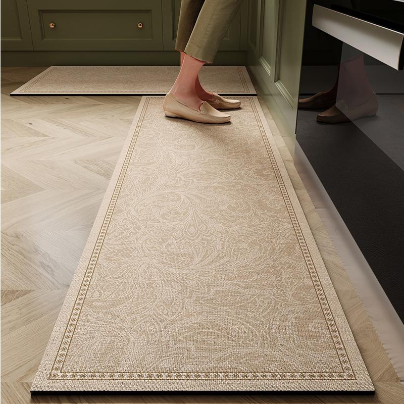 Kitchen Floor Mat Anti-Slip Oil-Proof Erasable Carpet Leather Pvc Waterproof Rug Beige Pattern Texture Home Decor Mats