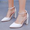 Women's White Bridal High Heels Ankle Strap Chunky Heeled Pointed Toe Wedding Party Dress Shoes Elegant Sandalias De Mujer