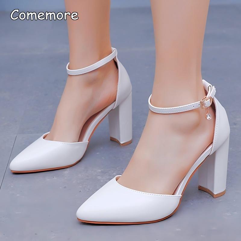 Women's White Bridal High Heels Ankle Strap Chunky Heeled Pointed Toe Wedding Party Dress Shoes Elegant Sandalias De Mujer