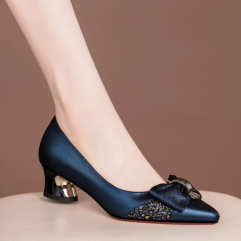 French Pointed Bow Thick Heel Single Shoes Women's 2025 New Niche Fashion Temperament Comfortable Medium Heel Women's Shoes Ladyshoes