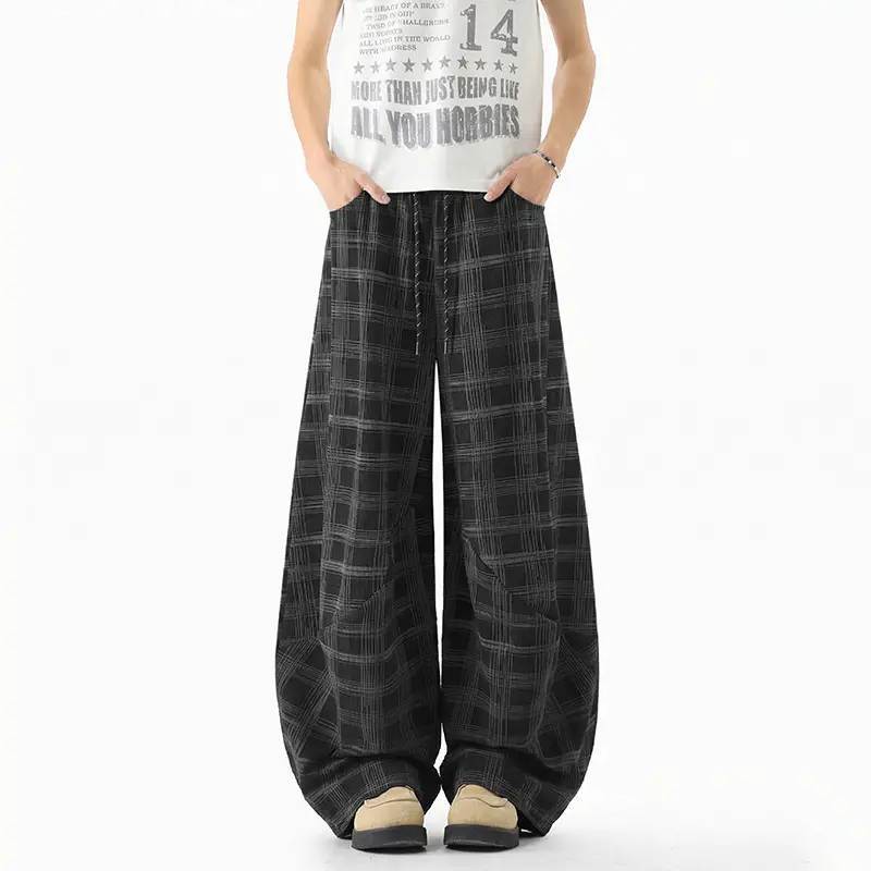 New pants casual pants men's sports plaid striped straight legs long black gray plaid drawstring plaid trousers