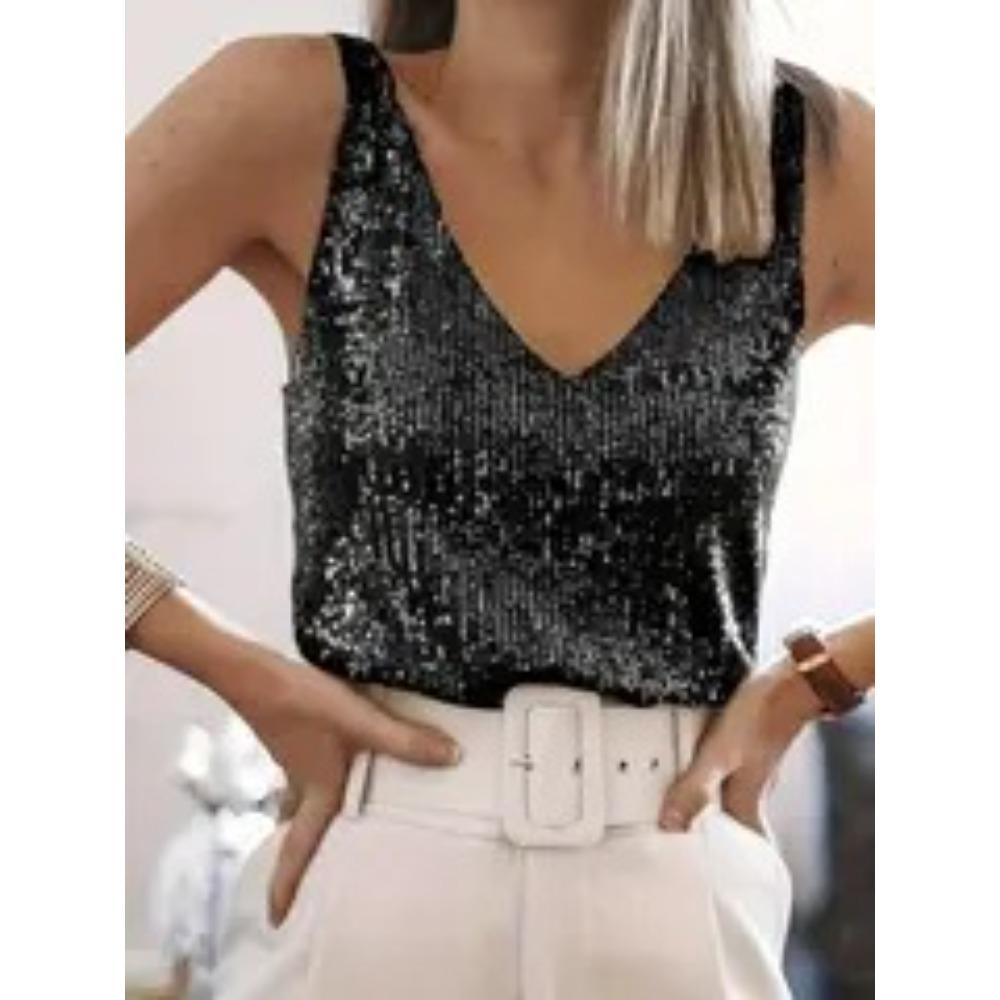 Women's V Neck Sleeveless Sequin Tank Top Straight Fit Elegant Party Cami Top