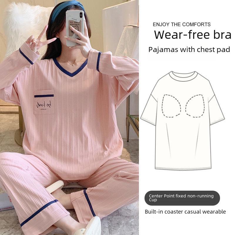 Pijama feminino de manga comprida com estampa de desenho animado e protetores de peito - algodão fino para uso interno/externo na primavera, outono e inverno