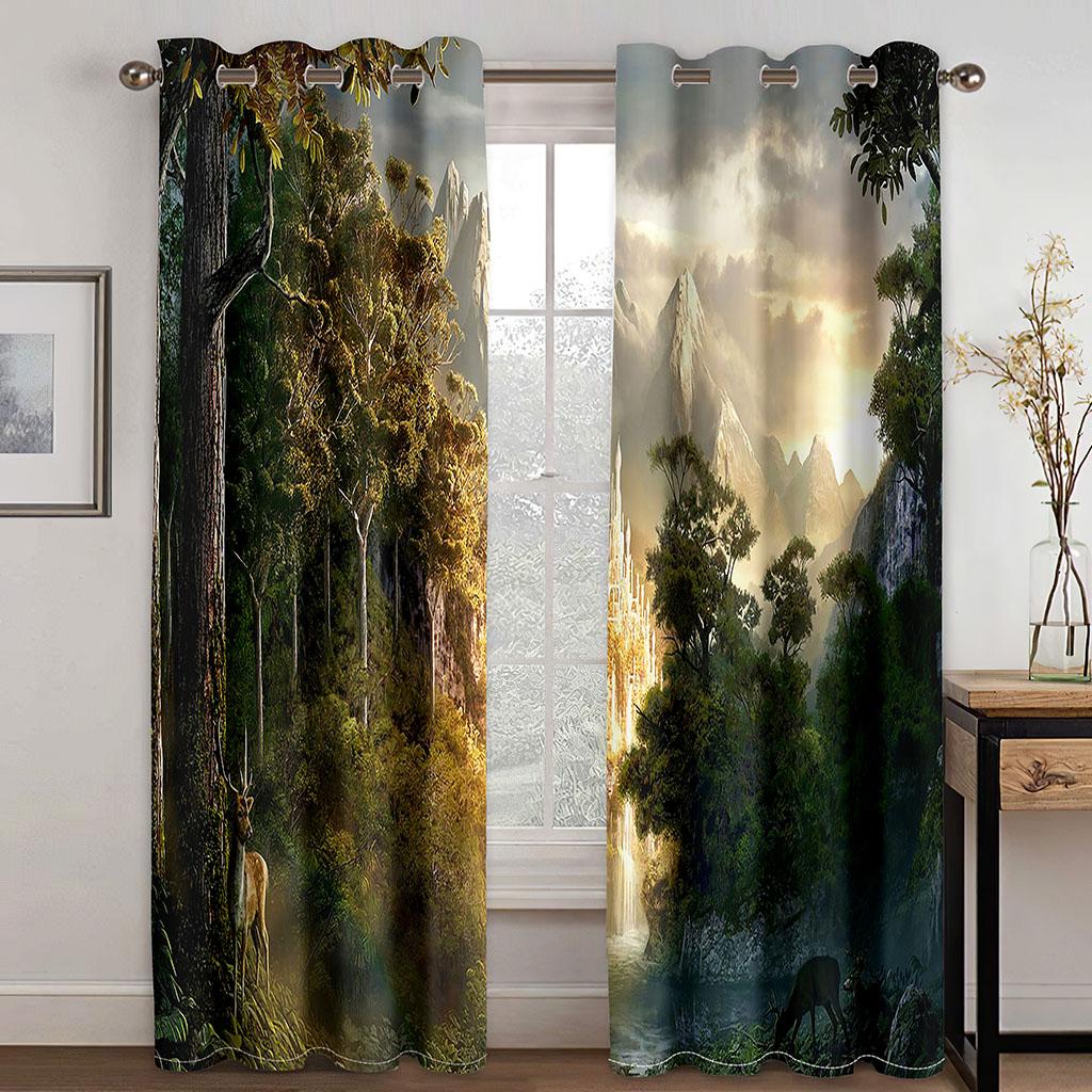3D Forest Maple Leaf Natural Scenery Sunset Green Trees Design Thin 2 Pieces Curtains for Living Room Bedroom Window Drape Decor