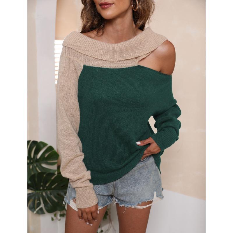 Autumn and Winter Women's Sexy Strapless Knitted Irregular Lapel Collision Splicing Loose Sweater