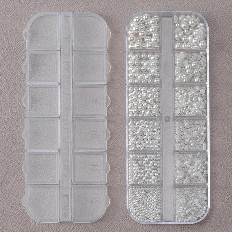 12Grids 3D Mixed White Pearls Nail Charms 0.15-0.5Mm Round/Semicircle Pearl Beads Nail Art Rhinestones Diy Manicure Accessories