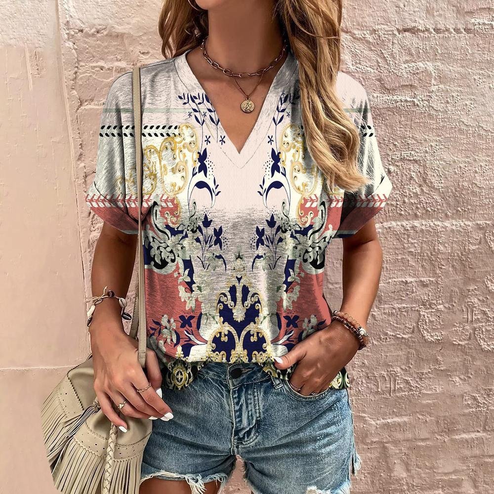 Women's T-shirt retro floral print summer casual V-neck women's clothing short-sleeved T-shirt women's fashion
