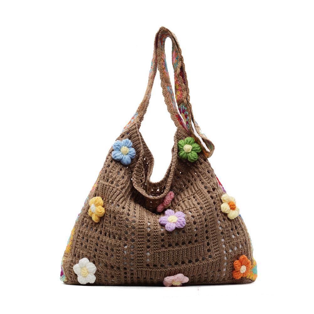 Casual Knitted Shoulder Bag Large Capacity Crochet Tote Bag Lovely Woven Shoulder Bag  Multicolor Cut-out Knitted Handbag