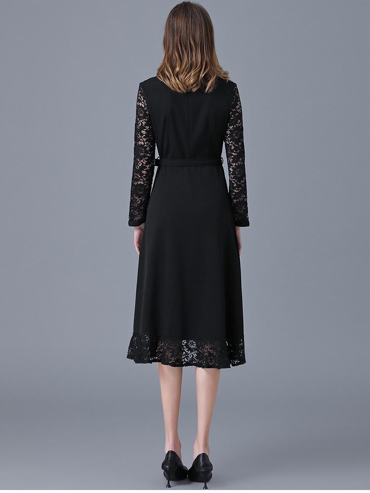 Black Hepburn-Style Patchwork Lace A-Line Dress - Plus Size, Mid-Length, Autumn/Winter Collection