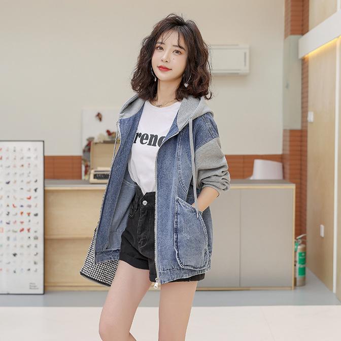 Hooded Denim Jacket Women's Spring and Autumn Stitching Loose Large Size Short Zipper Small Spring Top