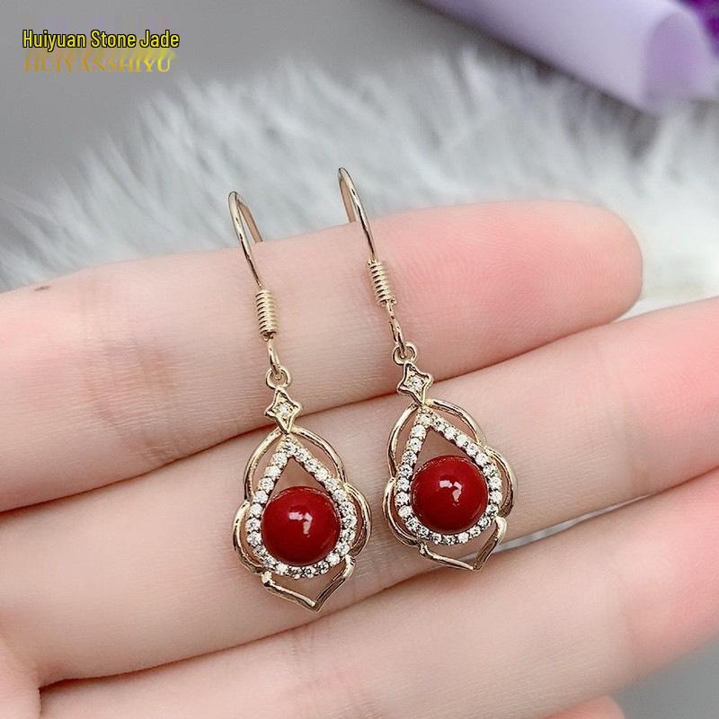 Cinnabar Purple Gold Stud Earrings - Anti-Allergic Ethnic Style Inlaid Ear Hooks for Women