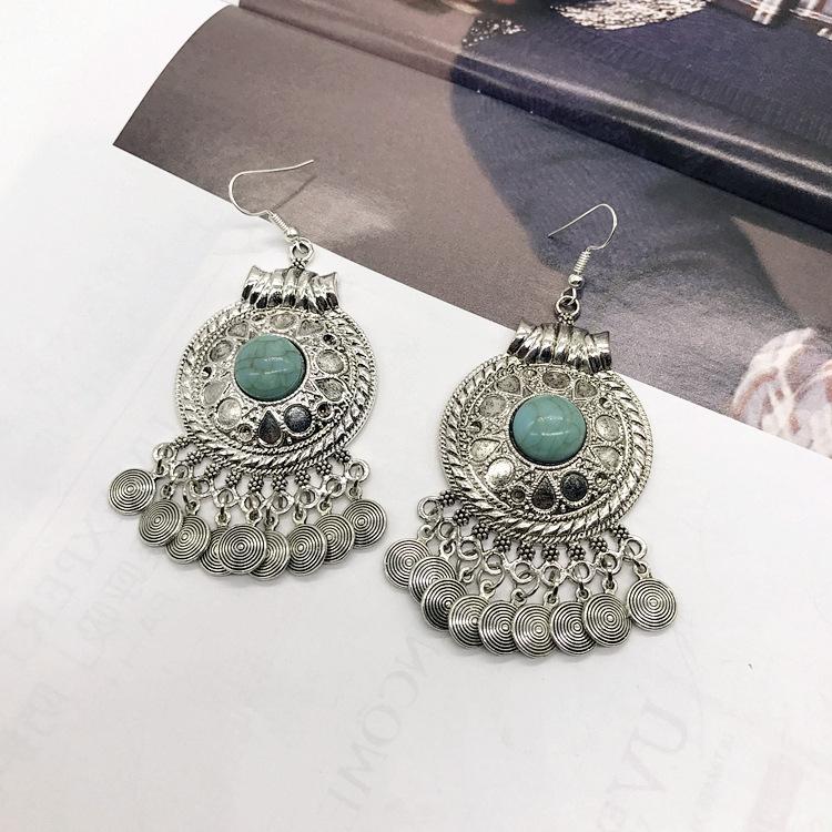 

Винтажные серьги в индийском стиле, преувеличенные серьги, большие круглые серьги с инкрустацией бирюзой и бахромой, этнические женские серьги