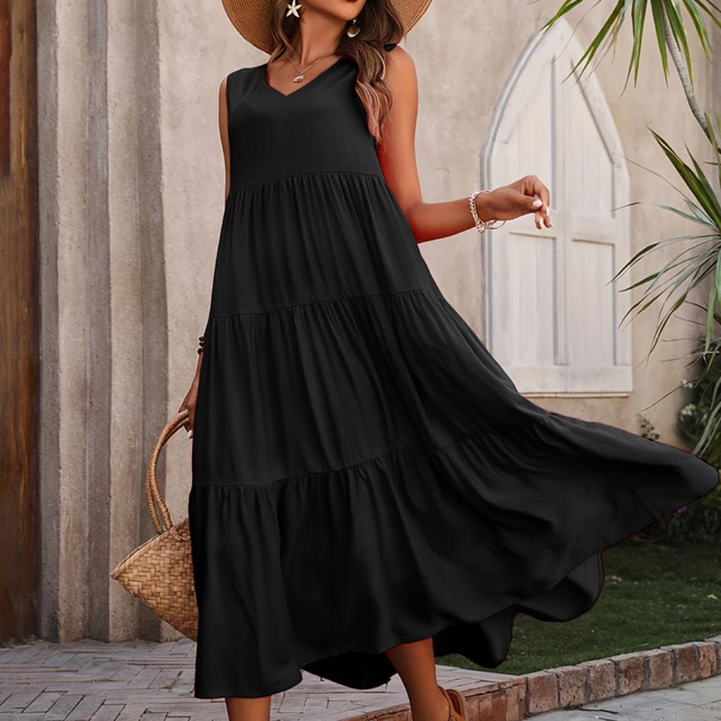 Women's Summer Casual Sleeveless Swing Sundress Boho Flowy Ruffle Tiered Maxi Dress