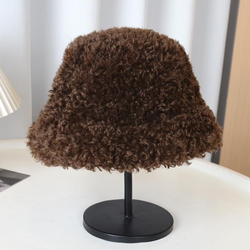 Female Thickened Teddy Fleece Curly Hair Bucket Hat Fashionable Winter Warm Hat Retro Curly Hair Basin Hat Versatile