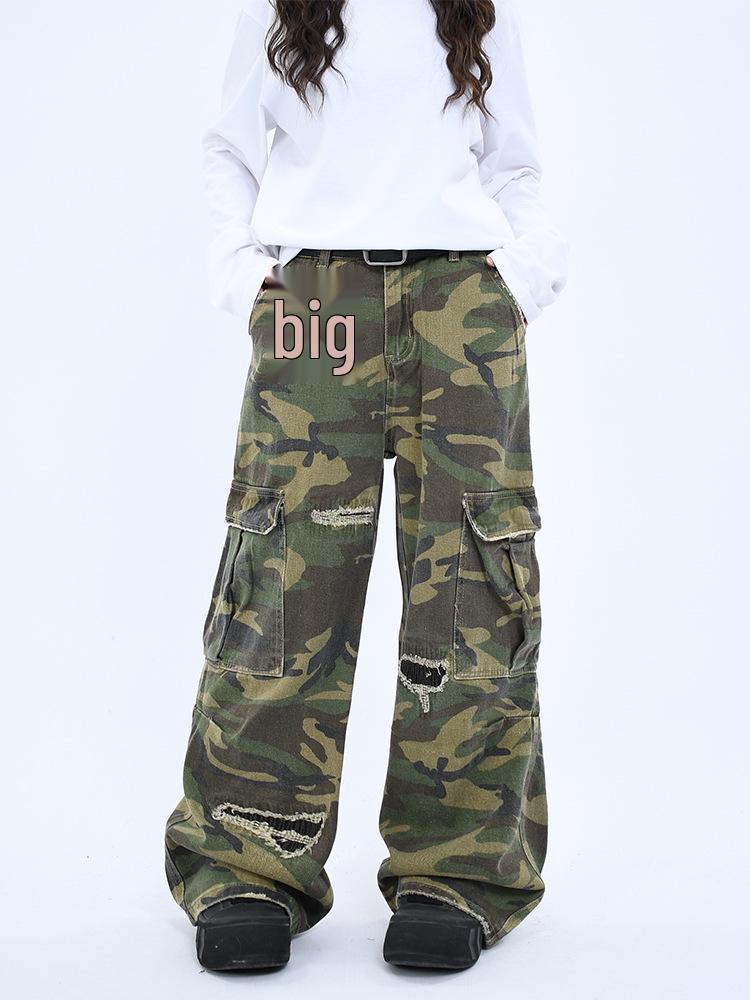 

Unisex Vintage Camouflage Distressed Work Pants - Loose Fit, Straight Leg, Large Pockets 2X Large зелений