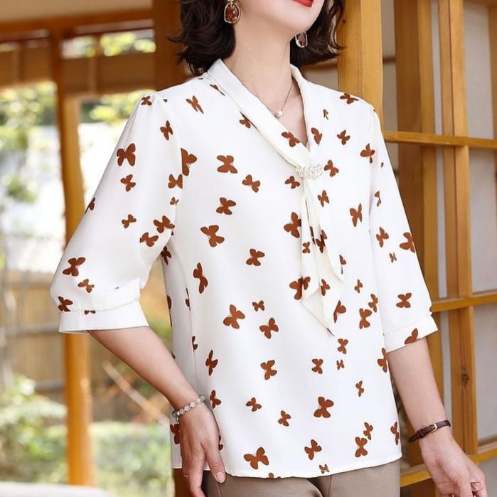Women Blouse Chiffon Shirt Butterfly Three-quarter Sleeves Spring Summer Clothes Top Long Sleeve Women's Shirt Blusas Ropa De Mujer