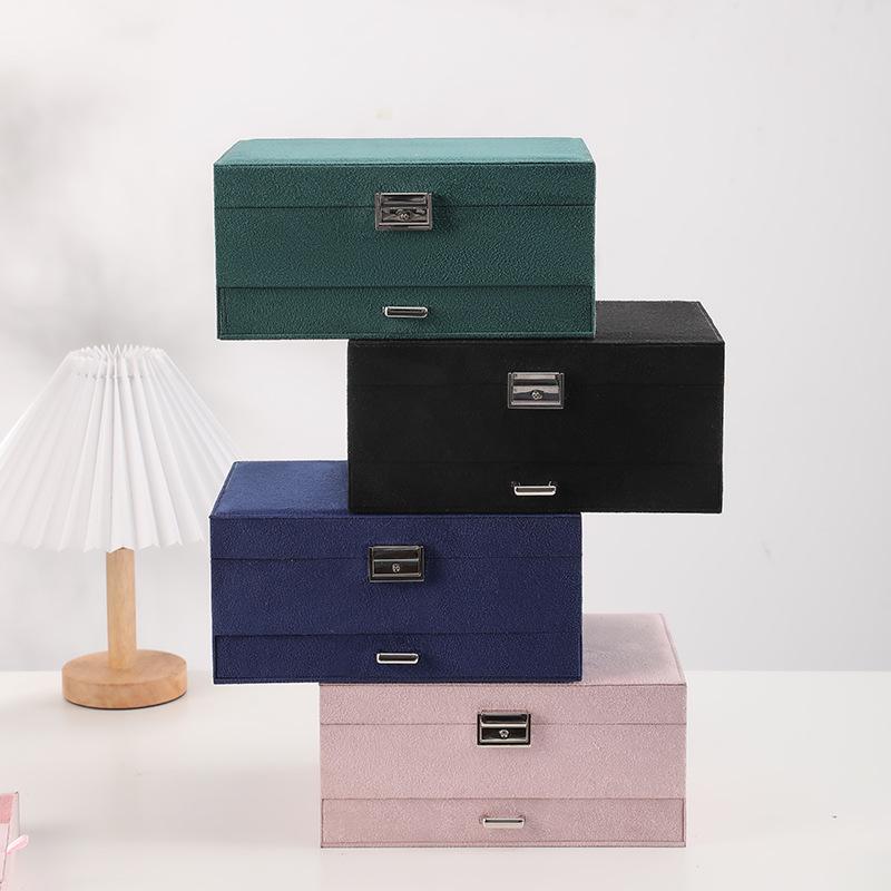 Lockable Three-Layer Velvet Jewelry Box with Earring, Ring, and Bracelet Storage