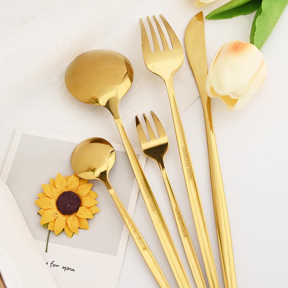 6People Gold Cutlery Set Mirror Stainless Steel Dinnerware Set Knife Cake Fork Tea Spoon Silverware Flatware Party Western Kitchen Tableware