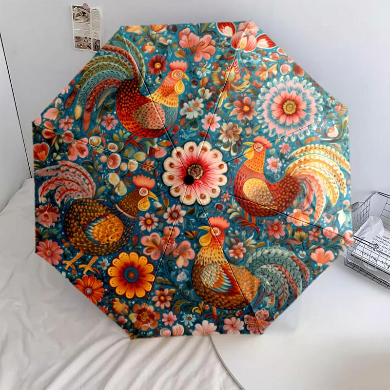 0106 Floral Chicken & Dinosaur  pattern, automatic folding umbrella, portable and foldable design, 8 ribs, a Christmas or birthday gift.
