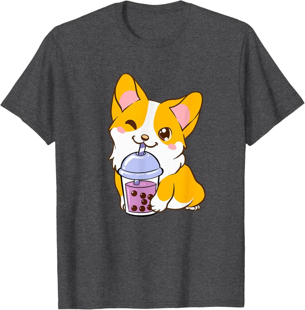 Kawaii Corgi Drinking Boba Tea Cute Dog Lover Graphic Tee Casual Short Sleeve T-Shirt