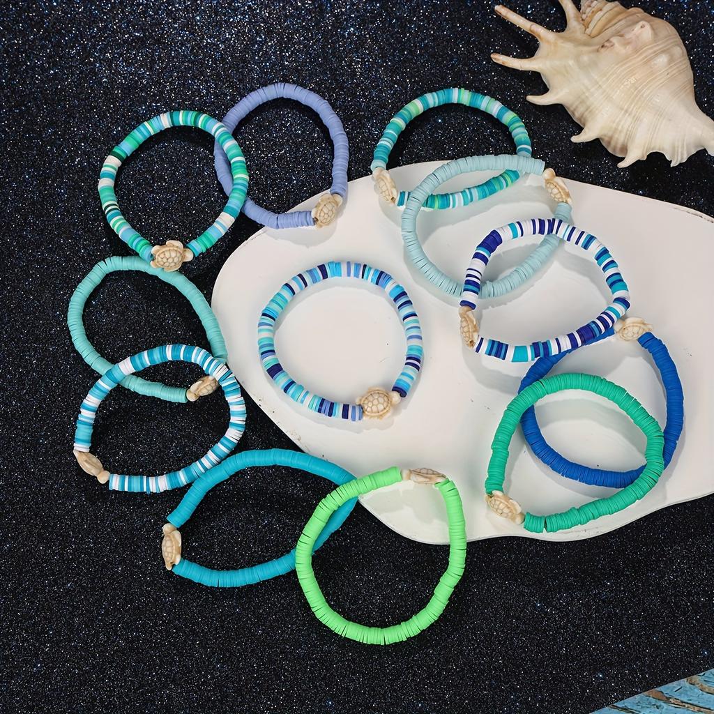 WTEMPO Summer Ocean-Themed Polymer Clay Bracelet Set Cute Stackable Stretch Bracelets & Anklet with Synthetic Turquoise and Sea Turtle Charms