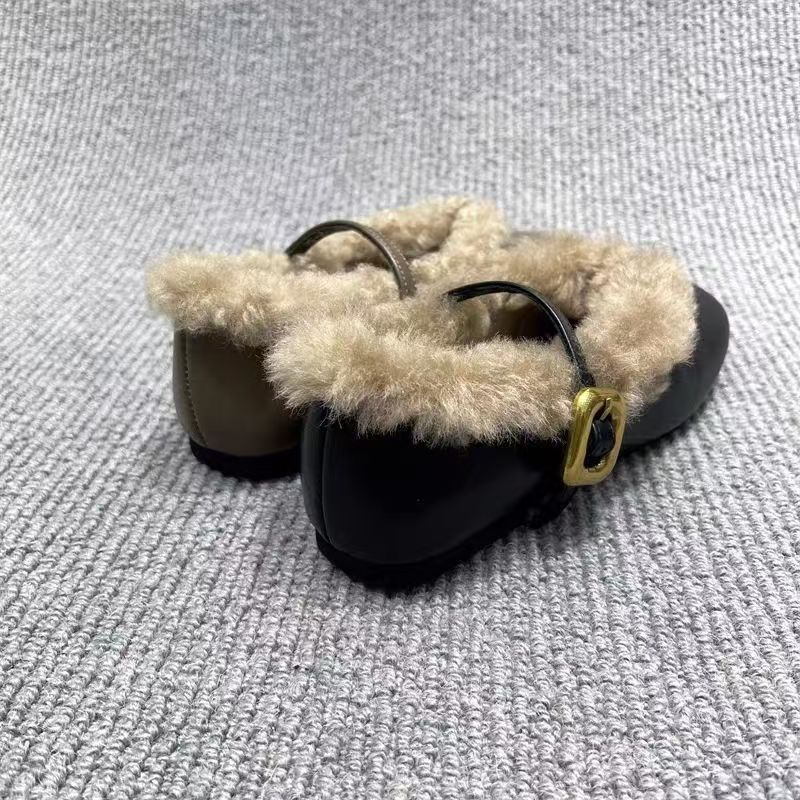 Flat-soled Single Shoes with Fleece To Keep Warm Mary Jane Shoes for Women's 2025 Winter Models, Square Head One-word Buckle with Thickened F