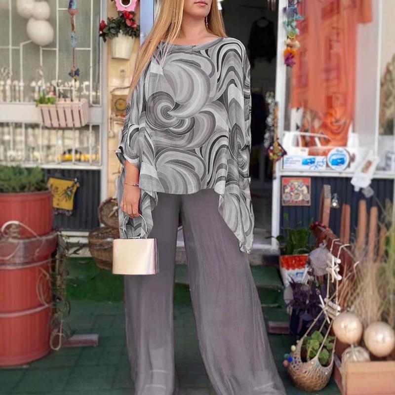 2026 Summer Chiffon Two-Piece Set: Casual Round Neck Print for Women