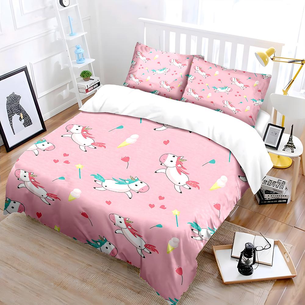 Pink Background With Fairy Unicorn Print Bedding Set 1 Duvet Cover 2 Pillowcases For Adult And Children Luxury Gift Full Size