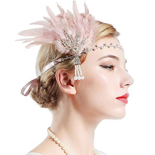 Women Vintage Feather Headband Black Rhinestone Beaded Sequin Hair Band Vintage Headpiece Flapper Feather Headdress
