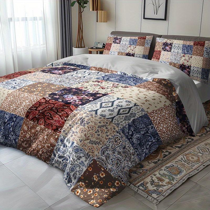 3Pcs Patchwork Floral Paisley Bedding Duvet Cover Set Bohemian Style Bedding Quilt Set Vintage Themed Bed Quilt Set Rustic