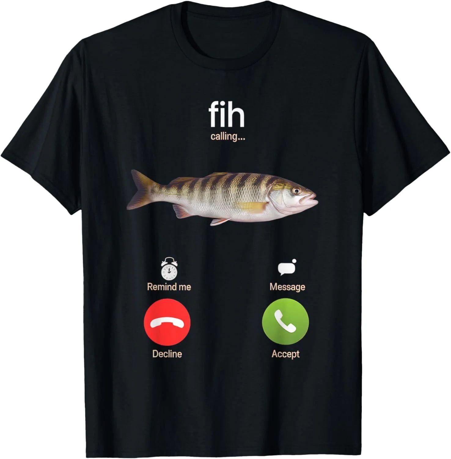 Funny Fish Calling Print “fih Calling...” Text Casual T-Shirt Print T Shirt Retro O-Neck Fashion Oversized Cotton T-Shirt Uni... S разноцветный