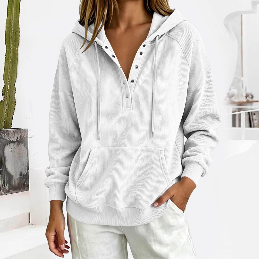 Women's Casual Lightweight Pullover Hoodie Long Sleeve Ribbed Texture Half Button Front Kangaroo Pocket Drawstring Hood Sweatshirt