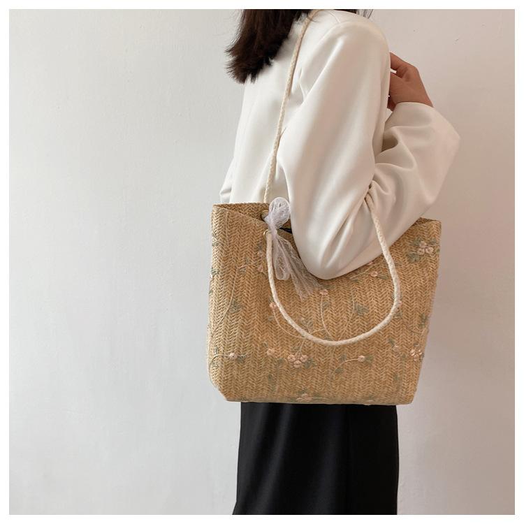 Simple Straw Style Straw Tote Bag with Bow Knot Single Shoulder Handbag for Women