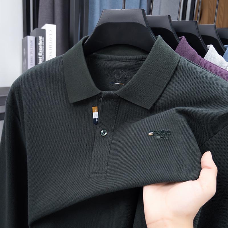 Men's Autumn Turn-Down Collar Long Sleeve Polo Shirt - Solid Color Embroidered & Loose Fit