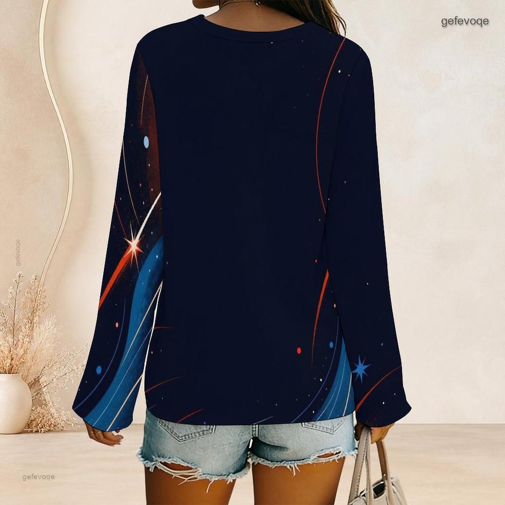 Women Plus Size V Neck Long Sleeve Printed Top Red White Blue Star Striped Curved Hem
