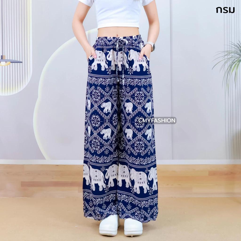 Long Elephant Pants Adjustable Elastic High Waistband Rope Women Men Unisex Print Thailand Casual Streetwear Beach Bohemian Retro Vintage