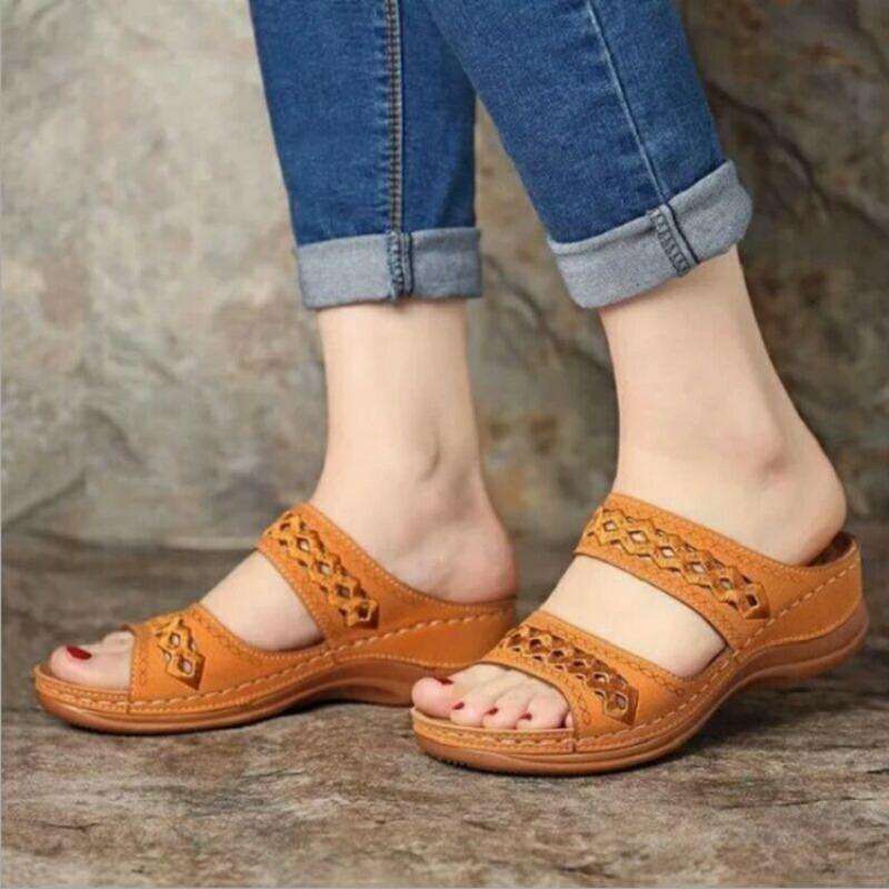 Fashion New Women Summer Solid Color Slip On Casual Open Toe Wedges Soft Bottom Breathable Slippers Shoes Sandals