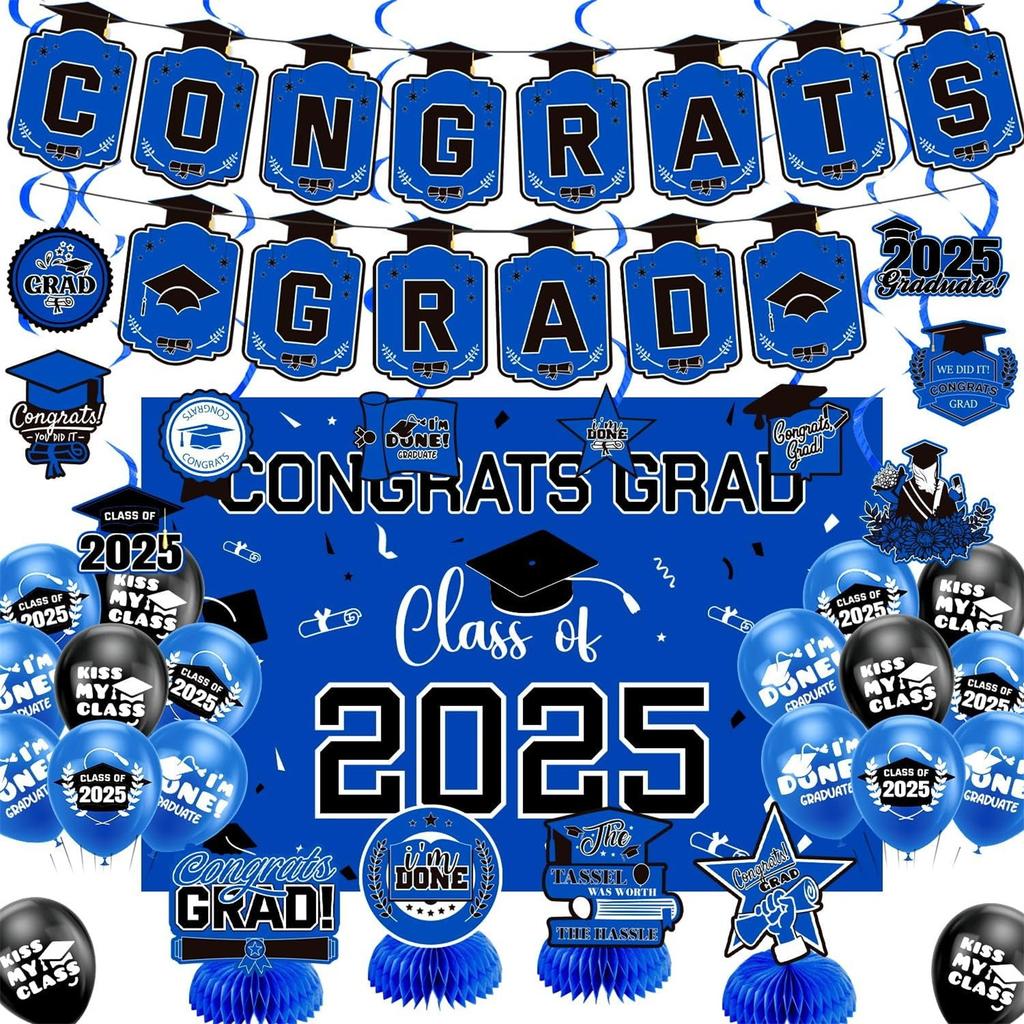Graduation Decorations Blue Themed Set - Congrats Grad Banner, Class Of 2025 , Balloons & Streamers Kit - Complete Party Supplies For High School &