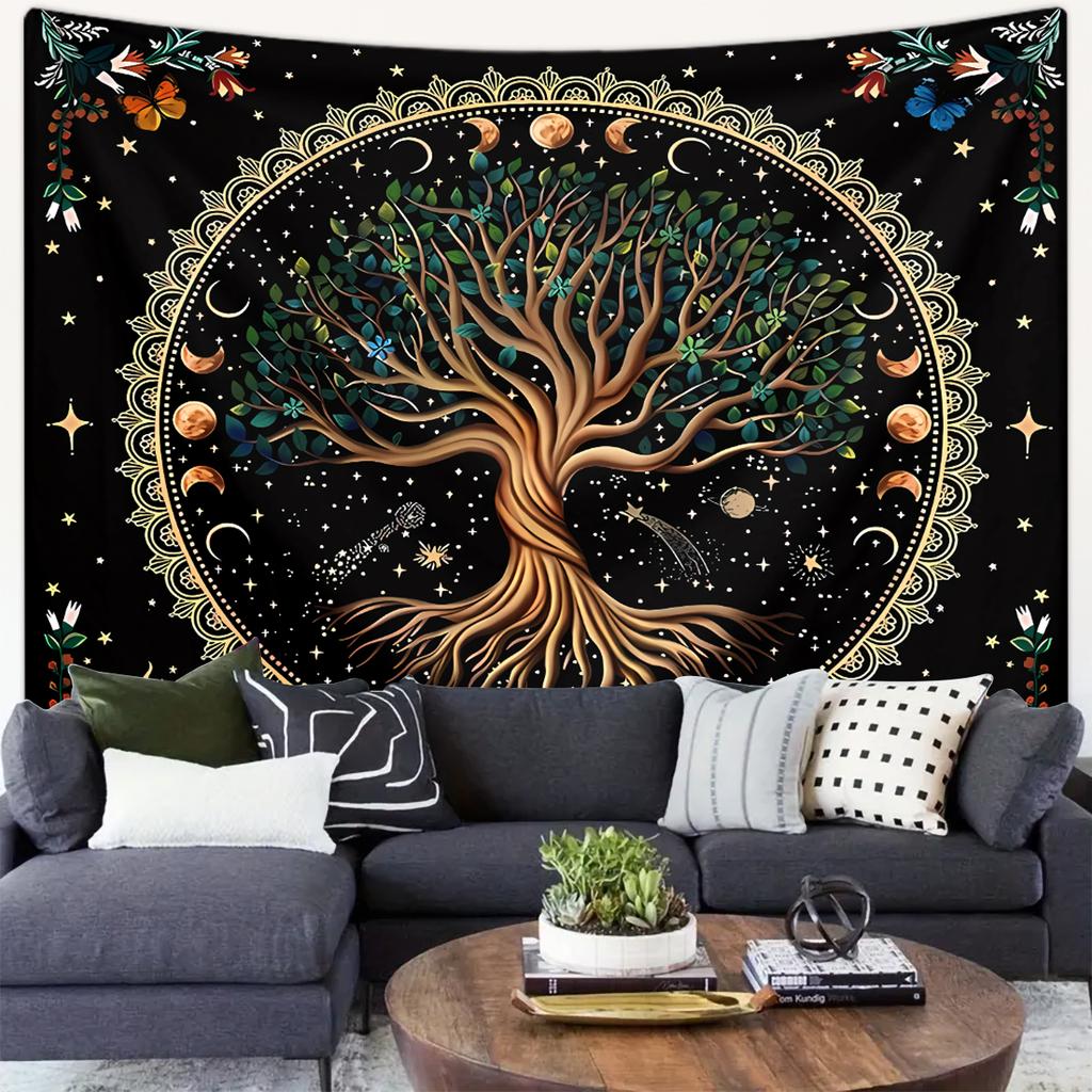 1pc Life Tree Tapestry, Moon Phase Tapestry, Bohemian Wind Starry Sky Tapestry, Fantasy Universe Planet Tapestry