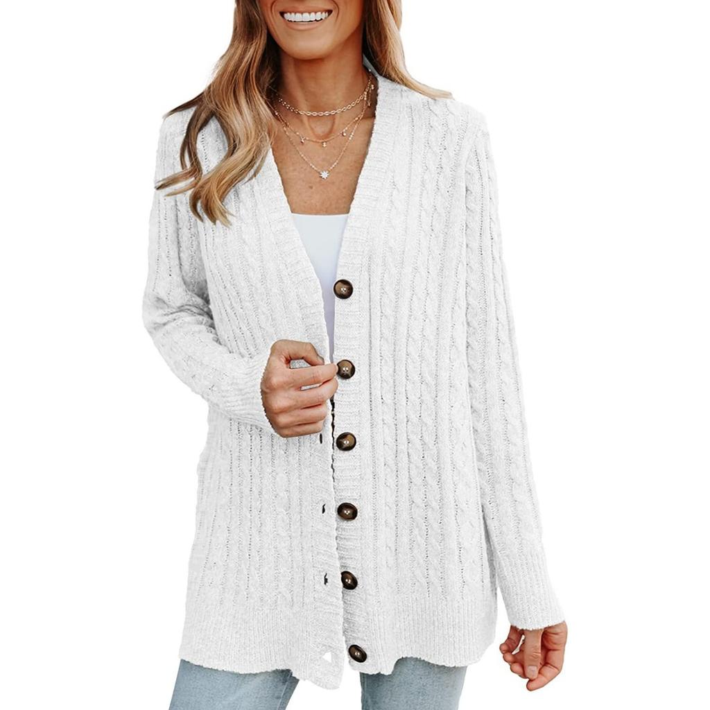 Women's V Neck Long Sleeve Cable Knit Cardigan Regular Fit Casual Sweater Coat