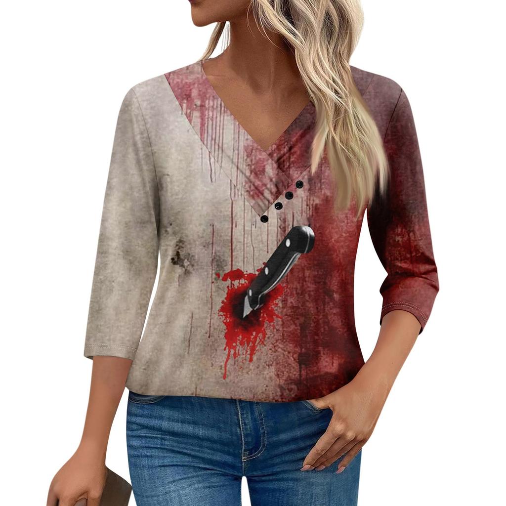Womens 3/4 Sleeve Daily Weekend V Neck Casual Printed Tshirts Loose Fit Pleated Tees Button Down Shirts