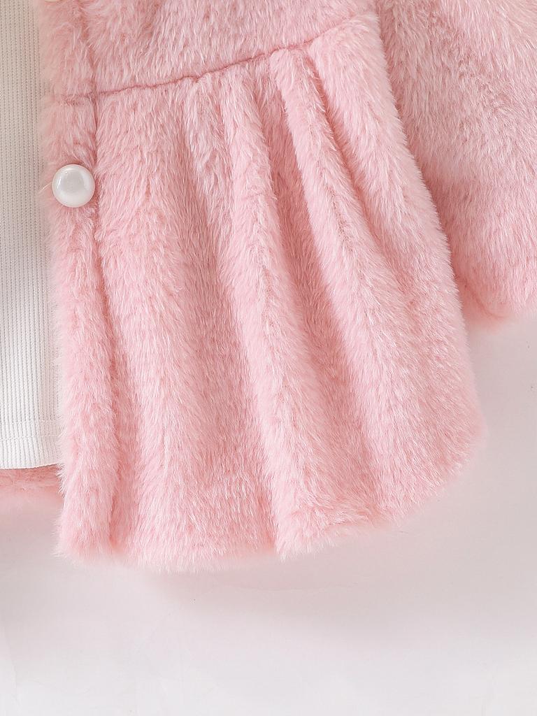 Baby girl's pink hooded plush coat for autumn and winter, thick and made of faux rabbit fur, a short plush cardigan for outdoor wear