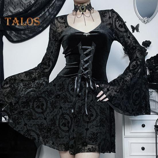 Damen Halloween Cosplay Kleid V-Ausschnitt Spitze Bindegurt Dunkler Stil Gothic Mittelalter Vintage Glockenärmel Performance Bühnenshow Kleid
